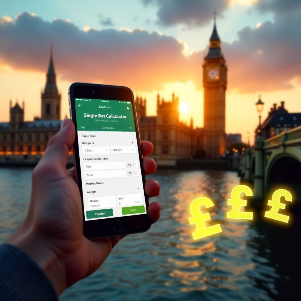 A hand holding a high-end smartphone displaying a professional Single Bet Calculator app with a clean white and emerald green interface, background is the London skyline with the Big Ben and Westminster Bridge at sunset, 3D golden British Pound symbols (£